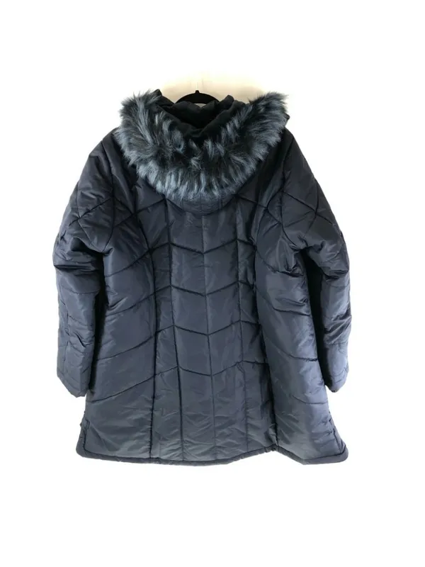 Catherines Womens Puffer Coat Hooded Faux Fur Trim Pockets Zip Navy Blue Size 0X - Image 2