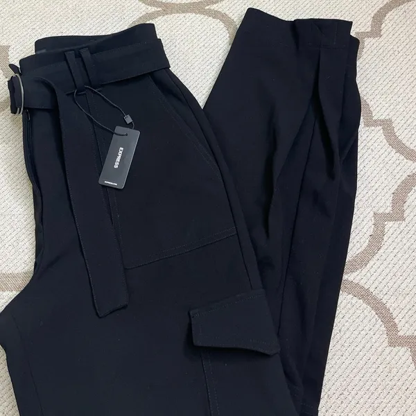 Express Super High Rise Cargo Trousers Black Belted Tapered Ankle Pants Size 4 - Image 2