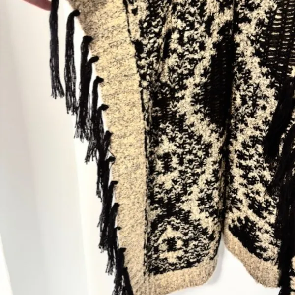 Cato Womens Beige Black Gold Metallic Open Front Cardigan Geometric Tassel Drape - Image 3