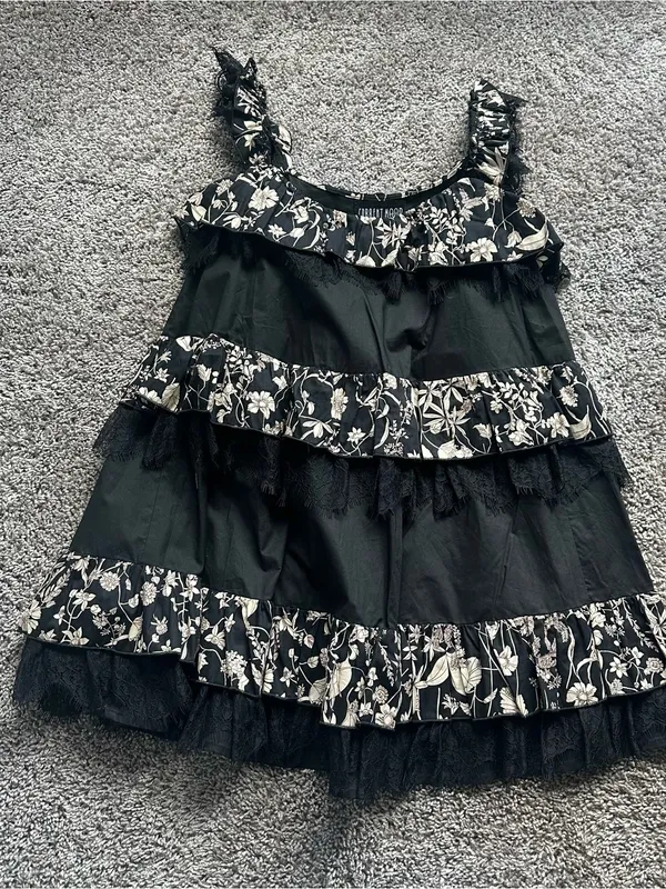 Dolls Kill Black Dress with Cream Floral Ruffles - Image 2