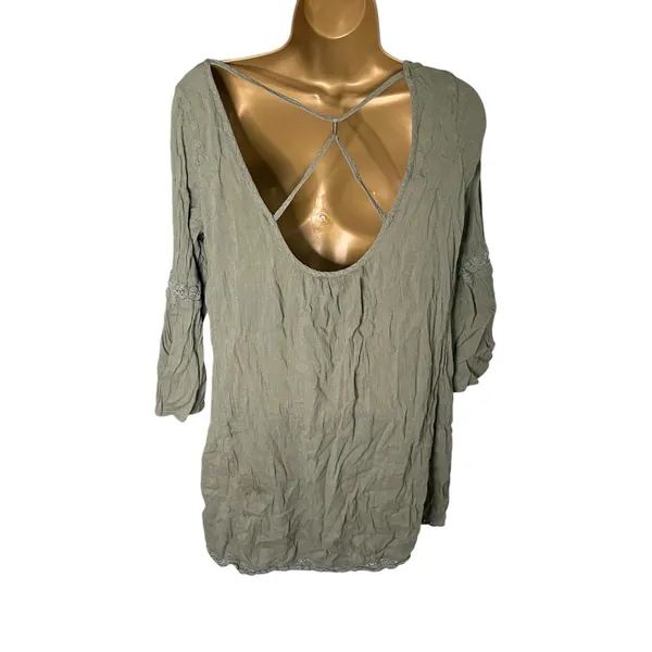 Aerie Peasant Mini Dress Boho Bell Sleeve Lace Trim Olive M - Image 2