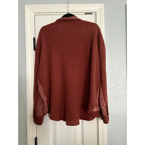 Bluivy Shacket Women ML Rust Waffle Knit‎ Button Down Contrast Panel Oversized Orange Size L - Image 4