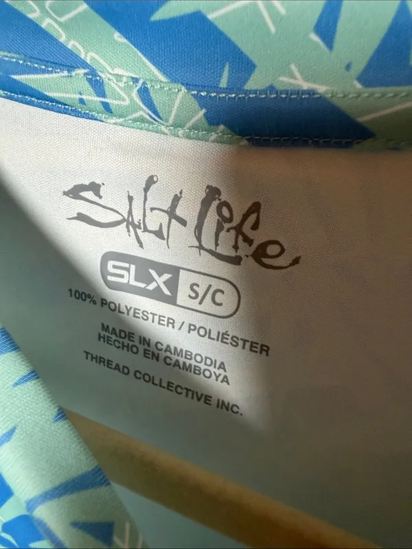 Salt Life Aqua and Blue Palm-Print Long Sleeve Shirt Small UV Protection - Image 3