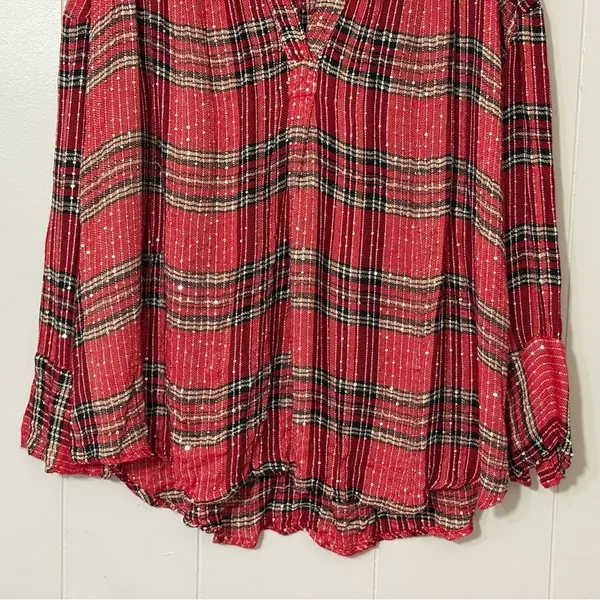 Free People Fearless Love Tunic XS Red Plaid Metallic Bell Sleeve Boho Top - Image 6