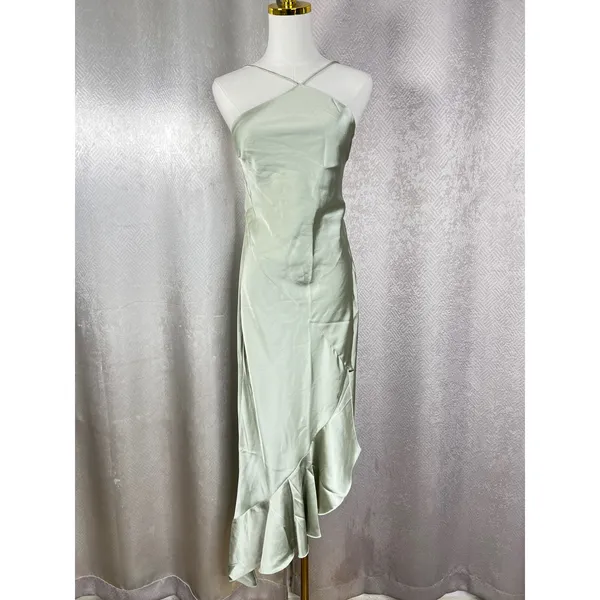 Hello Molly Sage Green Satin Halter Ruffle High Low Midi Dress Womens Size 10 - Image 6