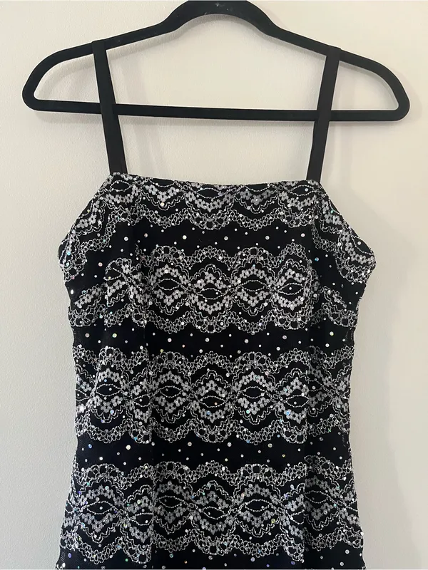 Vintage 90s R&M Richards Black Silver Lace Sequin Midi Cocktail Dress 10 Sparkly - Image 2