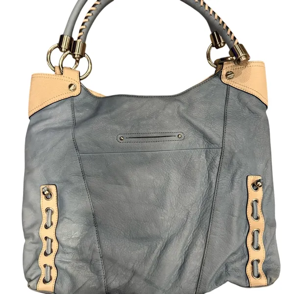 B. Makowsky Blue and Cream Shoulder leather laptop message Bag leopard lining - Image 10