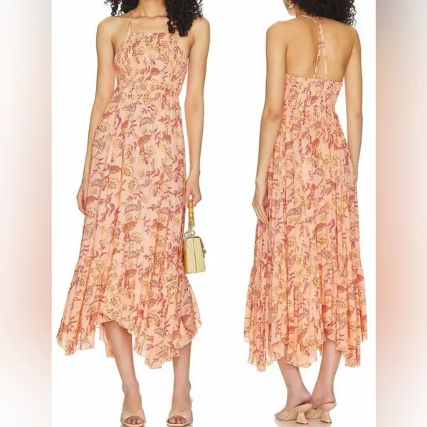 NEW FREE PEOPLE heat wave printed maxi slip dress in dusk coral combo sz L - Image 2