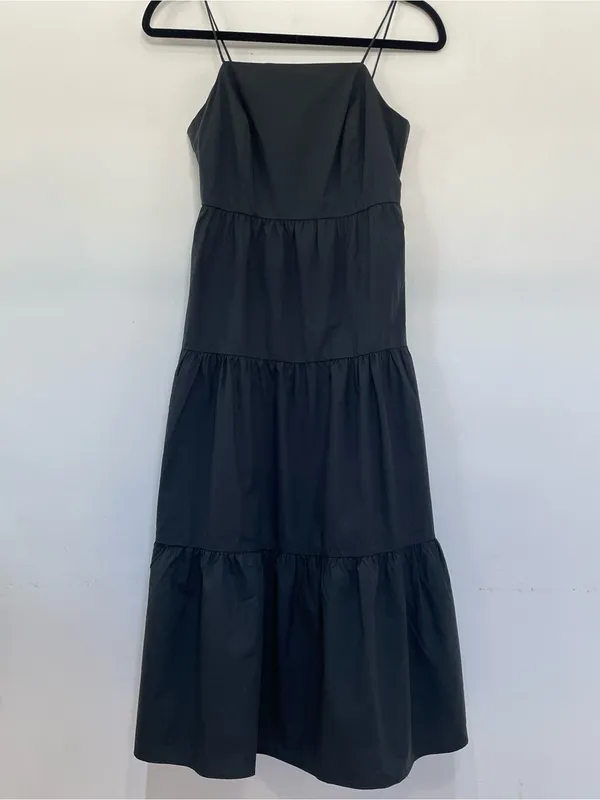 NWT RAILS Leni Dress S Black Cotton Poplin Tiered Midi Open Back Tie Back LBD - Image 7