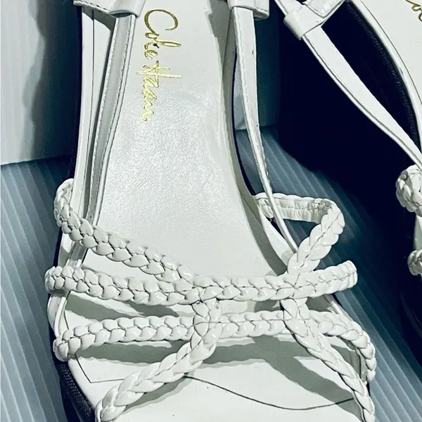 COLE HAAN SZ 8 White patent leather woven Wedge Sandals Slingback Cork Gold - Image 2