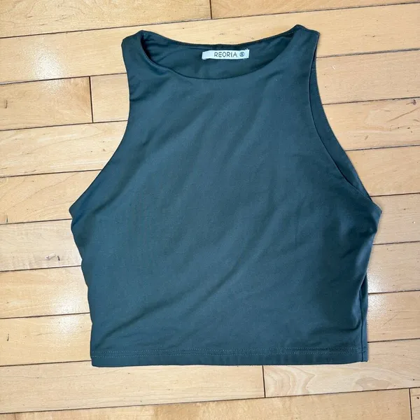 REORIA DOuble Layer Smoothing High Neck Crop Top Size Small Olive Green - Image 2