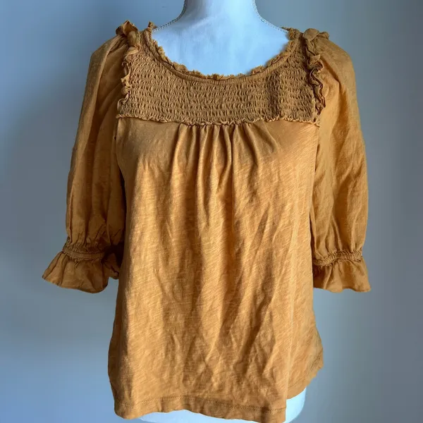 By Anthropologie Mustard Yellow Smocked Peplum Cottagecore Blouse Size Small - Image 3