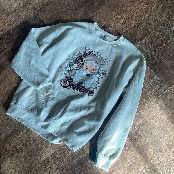 Gildan Cheetah Santa Christmas Believe Crewneck Sweatshirt - Image 2