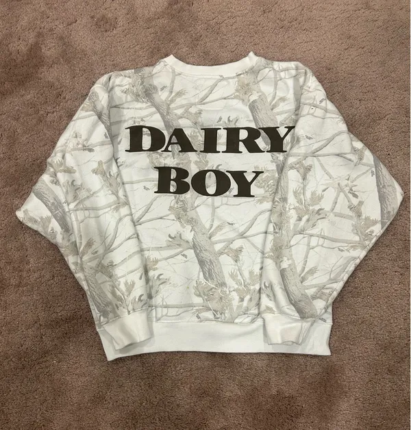 DAIRY BOY Teddy Brown Cream Woodland Camo Crew Sweatshirt XS Cotton Sold Out - Image 2