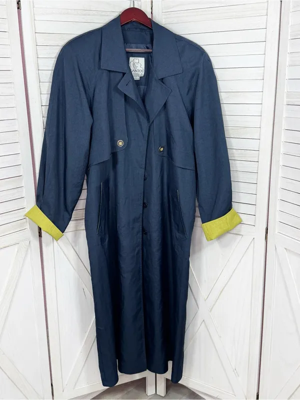 Vintage 90s Gantos Long Trench Rain Coat Navy Blue Yellow Size 14 Oversized - Image 7
