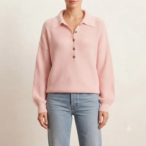 Free People FP Beach Pink Ribbed Knit Polo Tunic Sweater Linen Cotton‎ Blend M - Image 8