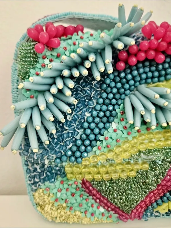 Handcrafted in India Beaded Coastal Coral Reef Shoulder Handbag Purse Teal Aqua - Image 13