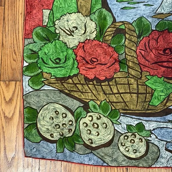 Vintage Impressionist Floral Basket‎ Sailboat Lake Scene Square Scarf Red Green - Image 2