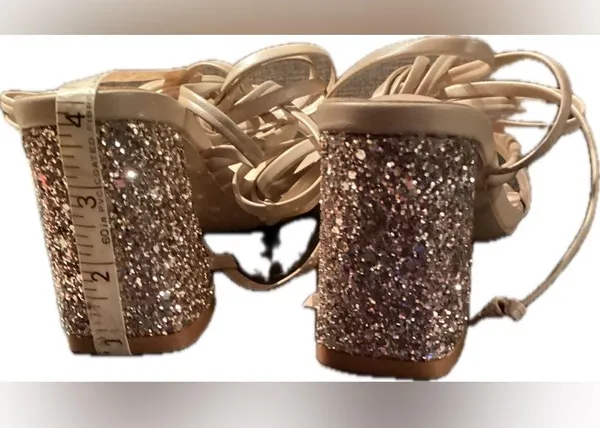 NIB Zelaproxy Women's Tan Strappy Lace up Glitter Chuncky Block Heels. Size:8 - Image 6