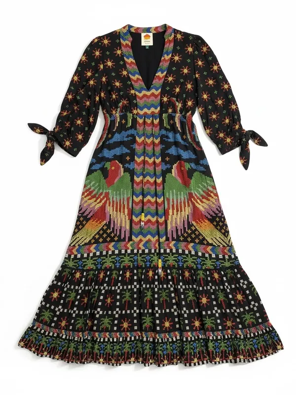 Farm Rio Macaw Night Maxi Dress Womens‎ XS Black Multi Tropical Boho - Image 5