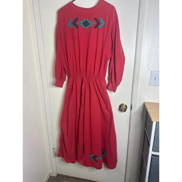 Vintage 80s/90s Western Red Maxi Long Sleeve Dress- Geometric Embroidery Cotton - Image 5