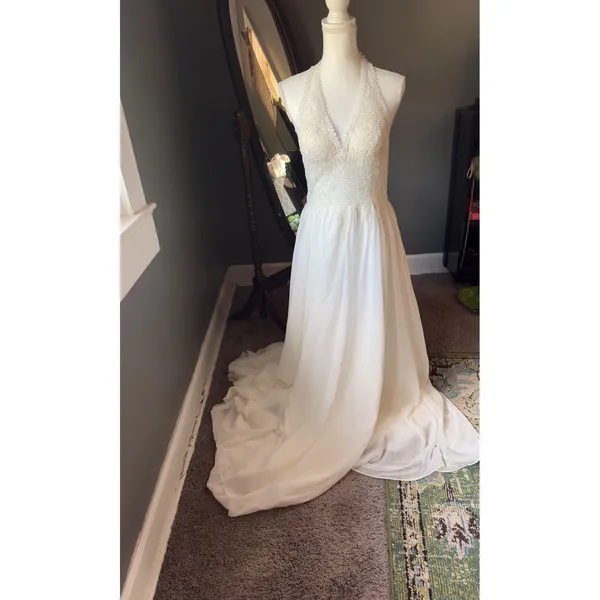 JJs House White Lace Halter Wedding Dress - Image 2