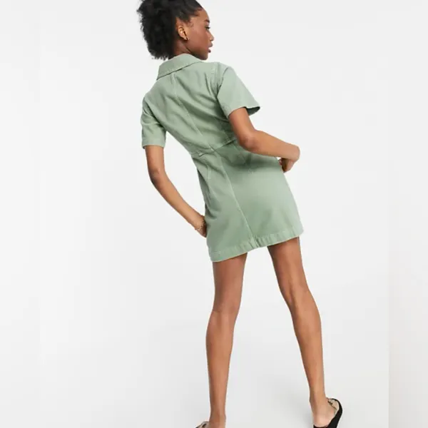 Topshop Clean Front Zip Denim Mini Shirtdress Dress in‎ Light Olive Green Size 4 - Image 4