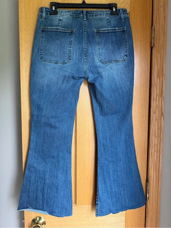 Driftwood Farrah Patch Pocket Flare Bell Bottom Jeans Raw Hem Blue Size 30 - Image 3