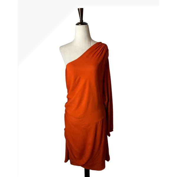 Rue Stiic Aubrey Mini Dress Women Medium Orange One Shoulder Ruched Anthro - Image 2