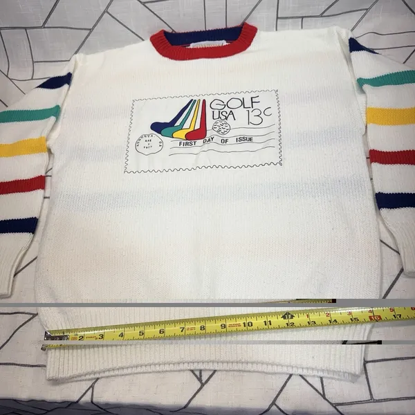 Quantum Sportswear Vintage Golf USA Sweater M White Retro Graphic‎ Stripe Sleeve - Image 6