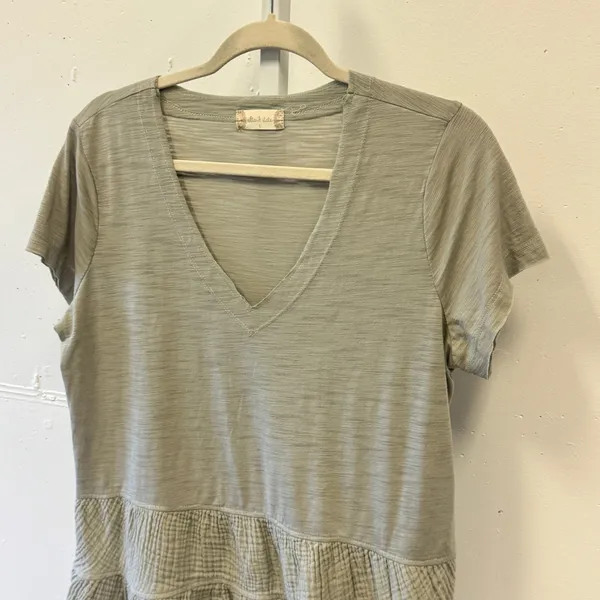 Altar'd State Sage Green V-Neck Tiered Peplum Mixed Media Gauze Top T-shirt Lg - Image 3