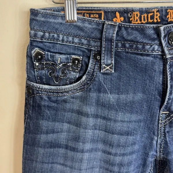 Rock‎ Revival Sara Boot Jeans Womens 29 Blue Dark Wash Embellished Bootcut Flap - Image 4