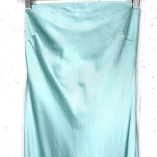 French Connection Oona Satin Strapless Midi Dress Pastel Turquoise Size Medium - Image 11