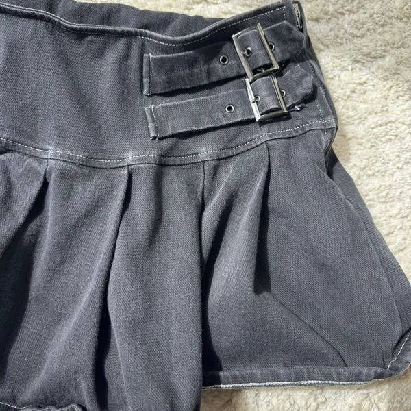 Gray Denim Micro Mini Skirt Side Buckles Pleated Low Rise Punk Grunge Size M - Image 2