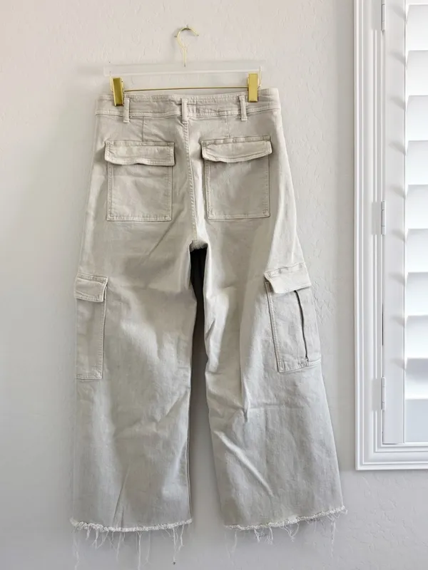 ZARA High Waisted Marine Cargo Jeans Raw Hem Khaki Beige Wide Leg Retro‎ Size 14 - Image 13