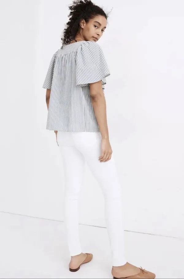 Madewell Courtyard Striped Puff Sleeve Peplum Blouse Medium Blue White Button Fr - Image 11