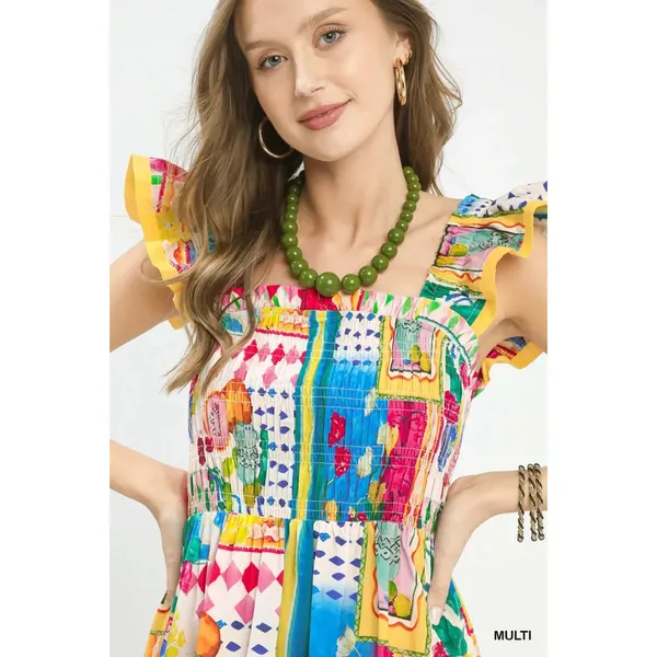 Umgee Abstract Print Smocked Ruffle Sleeve Tiered Midi Dress - Medium - Image 5