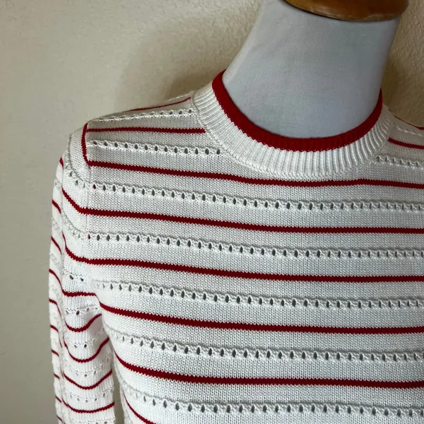 27 Miles Malibu Leah Cotton Striped Crew Sweater in Cloud White Flame red NEW XS - Image 3