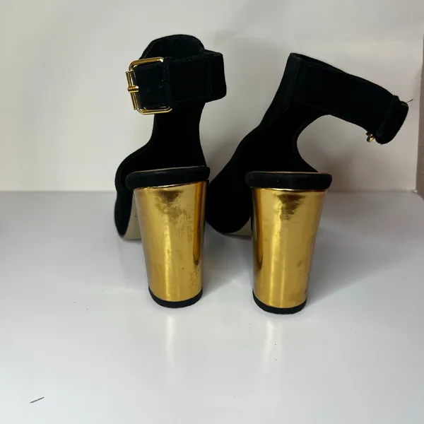 Kate Spade Black suede peep toe gold block heeled sandals WOMENS 6.5 - Image 4