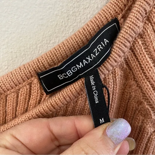 BCBGMAXAZRIA Merino Wool Blend Ribbed Off Shoulder Sweater Top Blush Sz‎ M - Image 5