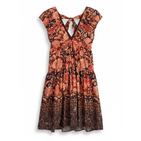 Anthropologie Printed Tie V-Neck Babydoll Dress Womens‎ Size 2 Rust Floral - Image 4