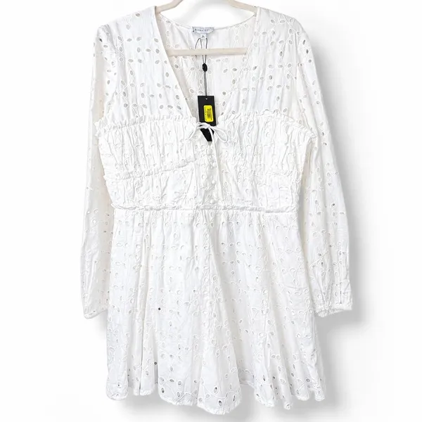 NEW Gianni Bini Katrina White Eyelet Embroidered Long Sleeve Mini Sundress Large - Image 3