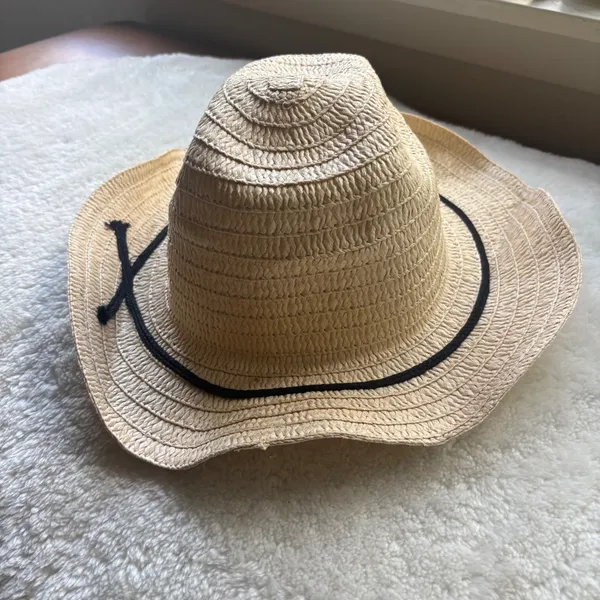 Woven Straw Sun Hat Tan Wide Brim Floppy Summer Beach Hat Black Cord Accent - Image 2