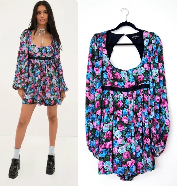For Love & Lemons Maggie Mini Dress in the "Midnight Rose" (black, purple, and blue floral) colorway - Image 2