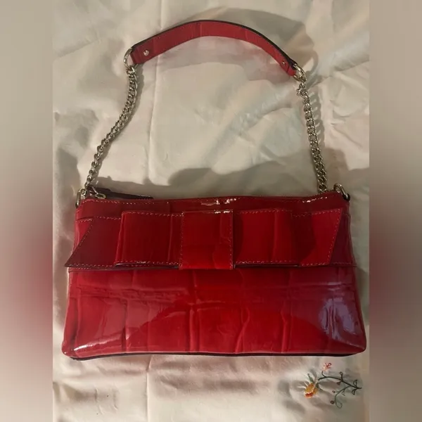 Kate Spade Knightsbridge Red Croc Patent Leather Bow Chain Shoulder Clutch - Image 11