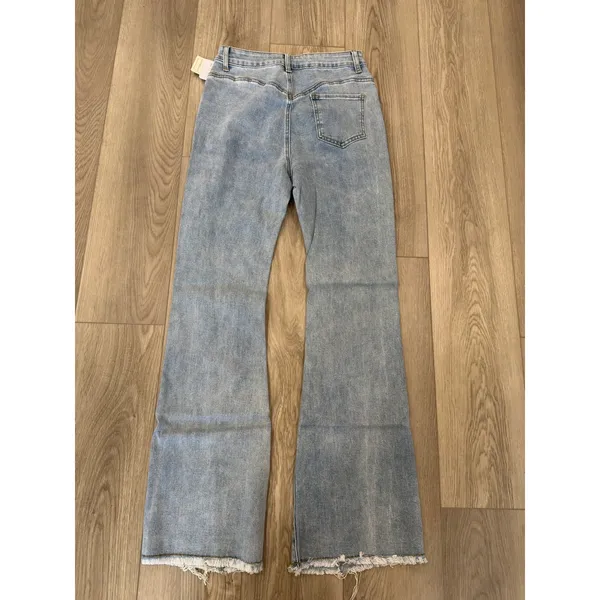 Commense Y2K Style Stretch Boho Flare Raw Hem Blue Jeans NWT Small - Image 4