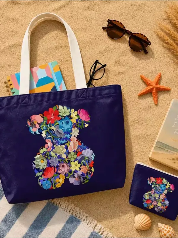 Floral Bear Navy Tote Bag with Wrist Pouch - Image 3