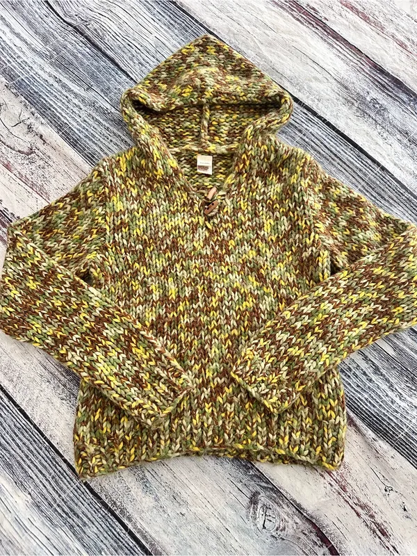Vintage Y2K Chunky Knit Textured Hooded Sweater in Olive Mix Wool Blend - Image 2