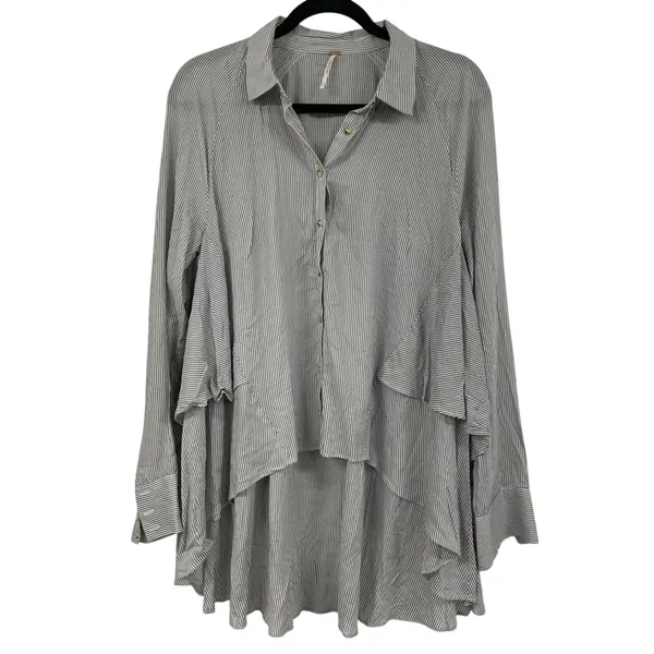 Free People Grey & White Striped Ruffled Tiered Long Sleeve Blouse Womens S Top - Image 2