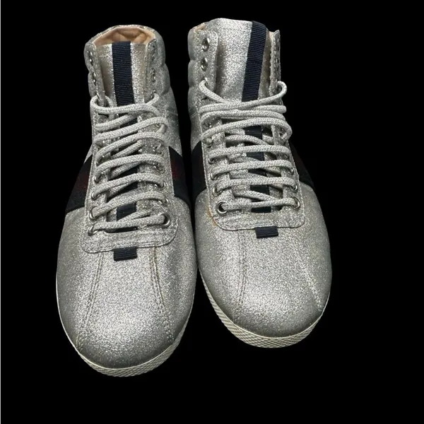 Gucci Glitter Web High Top Sneakers Women EU 38 Silver Designer Shoes Italy - Image 3